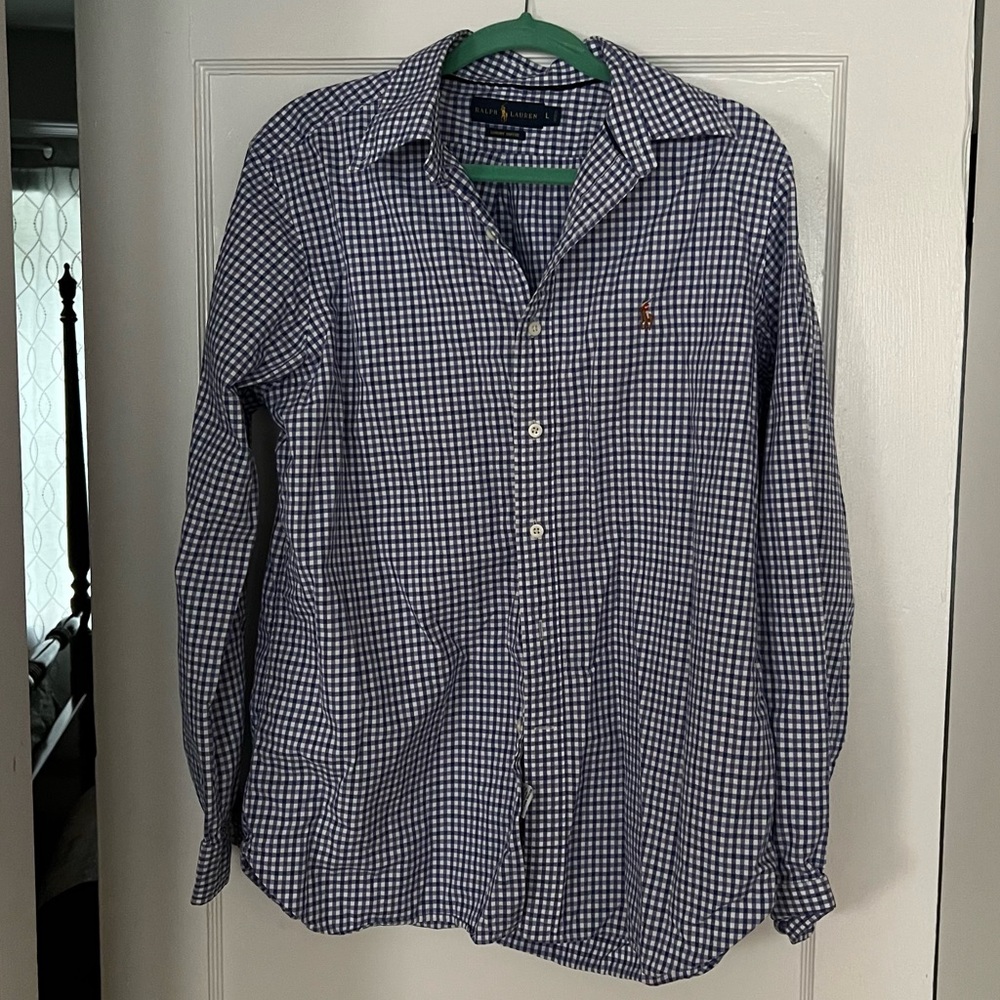 Men’s Polo by Ralph Lauren button down shirt, blue and white, size large